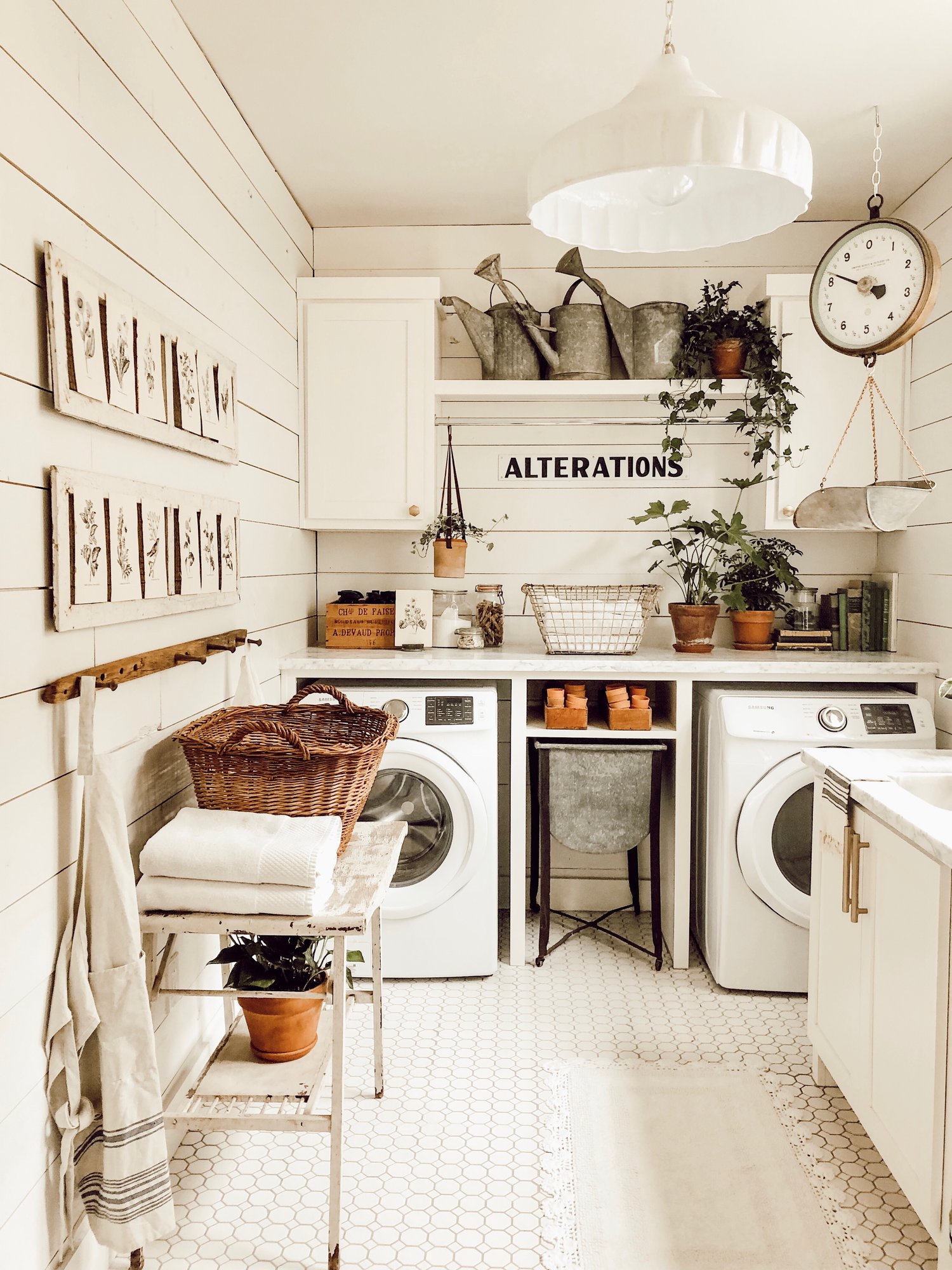 Laundry room with plants and art